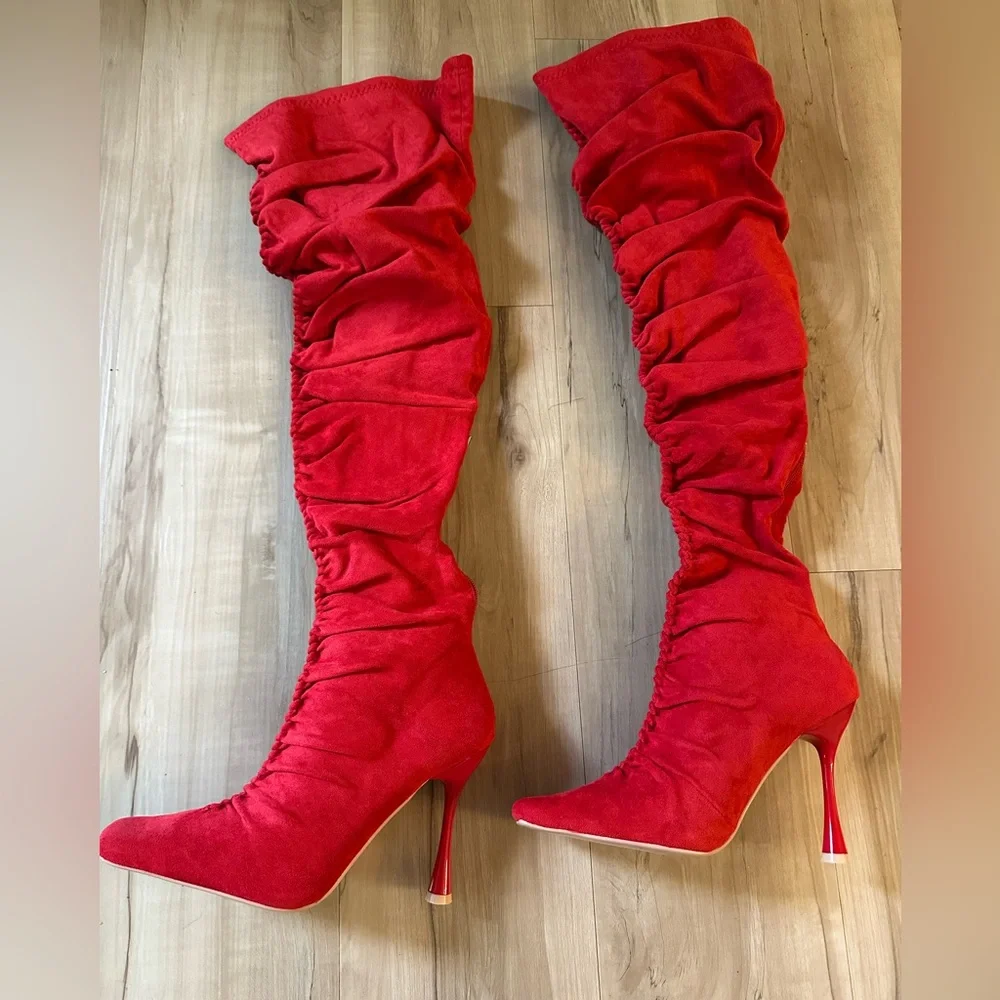 Cape Robbin Red Ruched Over-the-Knee Stiletto Boots.     Brand New
